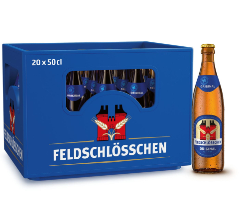 Harasse und Flasche des Feldschlösschen 50cl Bieres