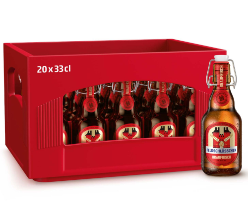 Harasse und Flasche des Feldschlösschens Braufrisch 33cl Bieres